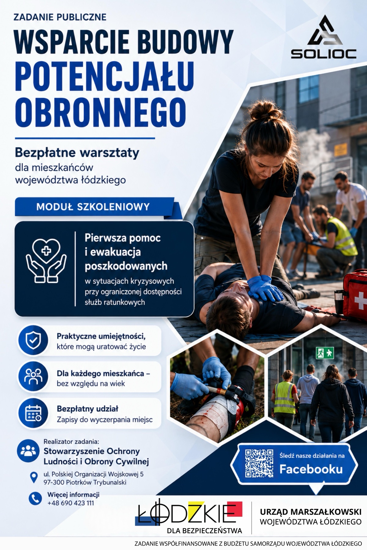 Plakat — Wsparcie budowy potencjału obronnego — bezpłatne warsztaty z pierwszej pomocy i ewakuacji poszkodowanych